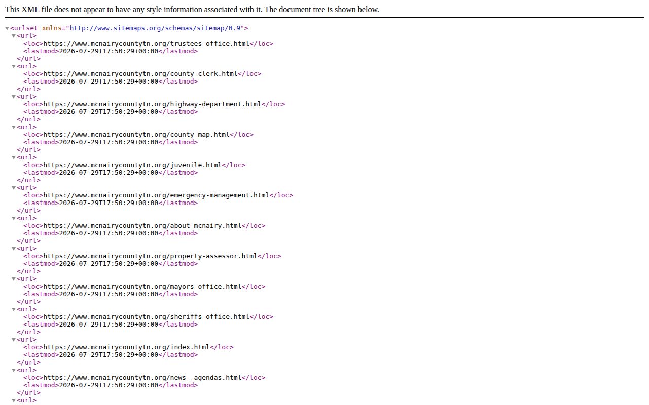 McNairy County official sitemap with no public arrest roster feed